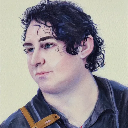 Image similar to close up headshot of a frowning clean shaven pudgy British lad with short curly dark brown hair as a hobbit wearing a white men's crossbody sling chest bag and blue vest, blue vest!! white crossbody chestbag!! high resolution film still, painting by Charlie Bowater