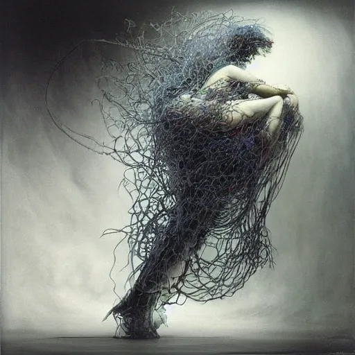 Prompt: bjork by zdzisław beksinski, iris van herpen, alexander mcqueen, raymond swanland and alphonse mucha. highly detailed, hyper - real, beautiful