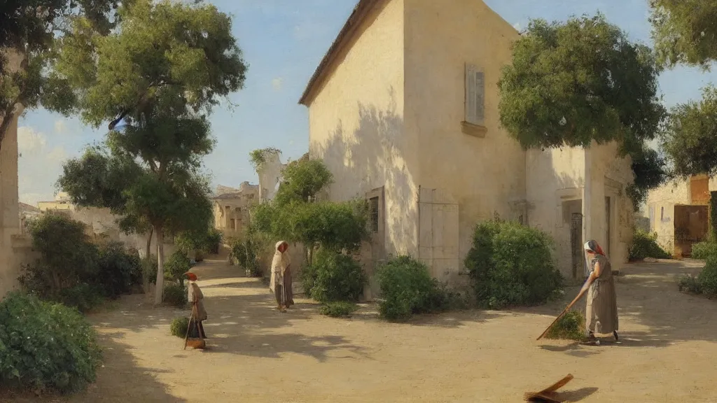 Image similar to a beautiful extremely complex painting of a street in a mediterranean village in summer by peter ilsted, whitewashed housed, tall cypress trees, blue shutters on windows, elderly woman sweeping the ground with a broom, national gallery of art highlights