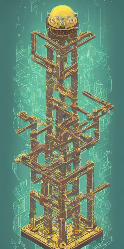 Image similar to isometric portrait of advanced alien, his last moment, mystical, intricate ornamental tower floral flourishes, technology meets fantasy, map, infographic, concept art, art station, style of monument valley, giger, wes anderson