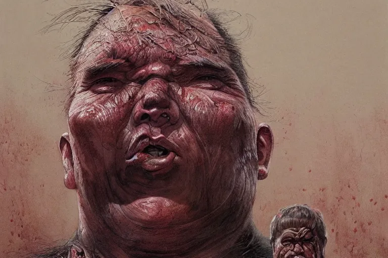 Image similar to Kim Jong-un face with body of rotten worm, dark fantasy, intricate, highly detailed, smooth, artstation, painted by Wayne Barlowe, Greg Rutkowski, zdislav beksinski, Francis Bacon