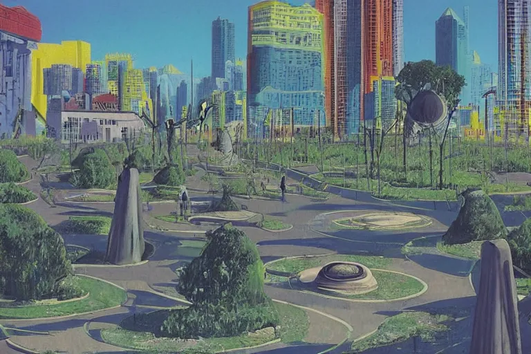 Prompt: city park surrounded by a tall defense wall. art in cyberpunk style by dali, and vincent di fate