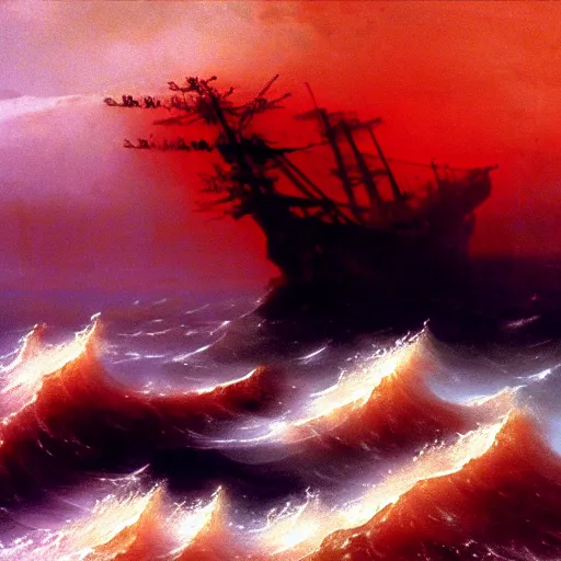 Prompt: bloody ocean, rusted iron ship sinking in red blood ocean, by Ivan Aivazovsky, junji ito, hd 8k, hideaki anno