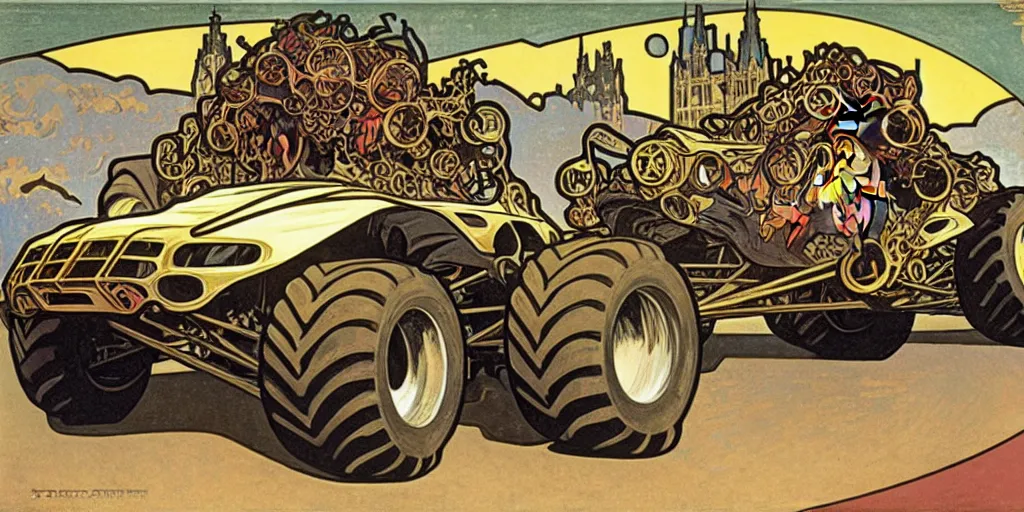 Image similar to monster truck rally, Alphonse Mucha