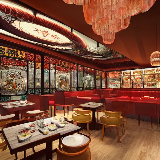 Image similar to a beautiful hyperdetailed interior render of roasted string hotpot restaurant restaurant yan'an, from china, with merchant logo, fine delicate structure, chinese style, victo ngai, 4 k hd