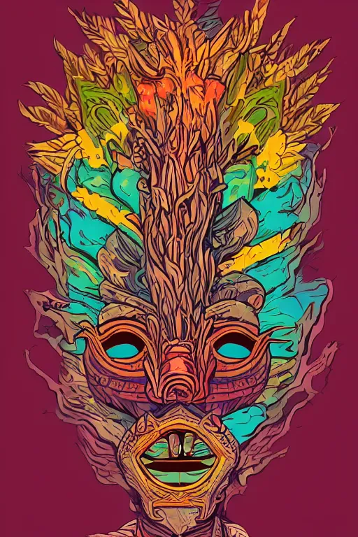 Image similar to animal mask totem roots flower tribal feather gemstone plant wood rock shaman vodoo video game vector cutout illustration vivid multicolor borderlands comics by josan gonzales and dan mumford radiating a glowing aura