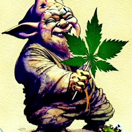 Prompt: a realistic and atmospheric watercolour fantasy character concept art portrait of a fat chibi homeless yoda wearing a wife beater smiling and holding a blunt with a pot leaf nearby, by rebecca guay, michael kaluta, charles vess and jean moebius giraud