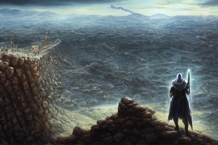 Image similar to an ultra detailed matte landscape painting of saladin as a shonen anime protagonist standing confidently on a cliff overlooking jerusalem with huge flaming longsword blessed by god, epic anime fantasy, 8 k, volumetric lighting, smooth, highly detailed, digital illustration, art by kentaro miura and akira toriyama and artgerm