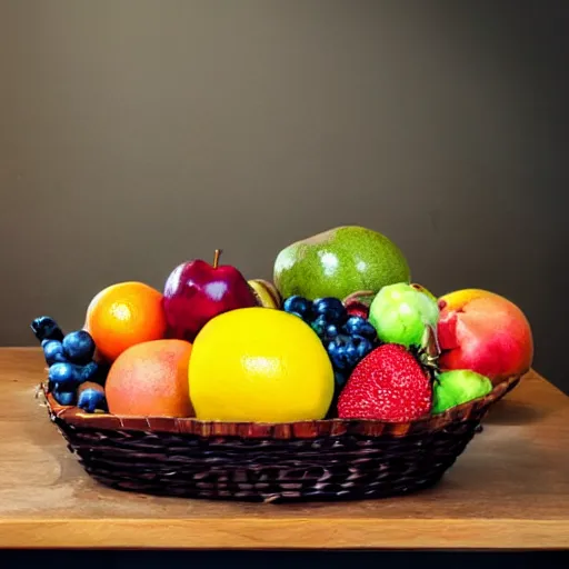 Prompt: a fruit basket on top of a kitchen table, dark fantasy