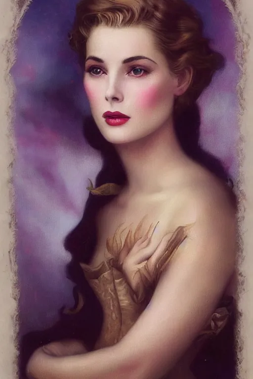 Image similar to a young and extremely beautiful grace kelly infected by night by tom bagshaw in the style of a modern gaston bussiere, art nouveau, art deco, surrealism. extremely lush detail. melancholic scene infected by night. perfect composition and lighting. profoundly surreal. high - contrast lush surrealistic photorealism. sultry and mischievous expression on her face.