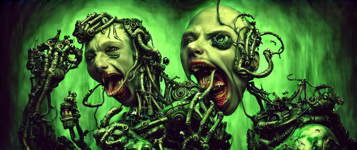 Prompt: hyperrealistic hyper detailed neo-gothic 35mm portrait of baroque cyborg gorgone screaming covered in urban graffiti matte painting concept art dali hannah yata very dramatic toxic green lighting low angle hd 8k sharp shallow depth of field