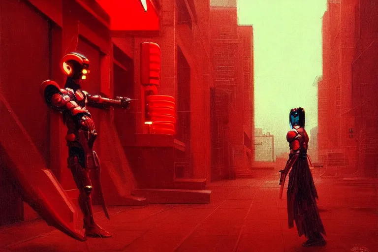 Image similar to only with red, a red cyborg samurai, tokio futuristic in background, some evil yokai fight, in the style of beksinski, parts by edward hopper, parts by rodcenko, parts by yue minjun, intricate and epic composition, red by caravaggio, insanely quality, highly detailed, masterpiece, red light, artstation, 4 k