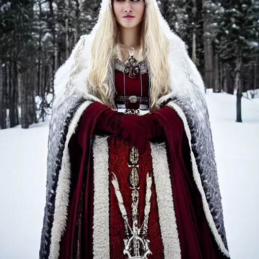 Prompt: photo of a real! beautiful nordic queen with ornate crown and cloak