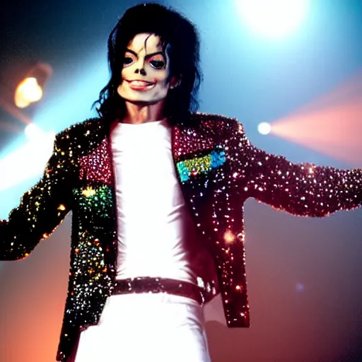 Image similar to thin!!! michael jackson with thin highly detailed anatomically correct face, standing on stage live at the indoor o 2 arena wearing a sparkling white diamond outfit with large thin shoulder pads!!!!! doing a concert, multiple flashing lights and colorful spotlights, beautiful photography, cinematic, award - winning photo, highly detailed, this is it