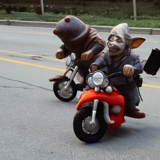 Prompt: drunken gnomes on a motorcycle flee from a police chase