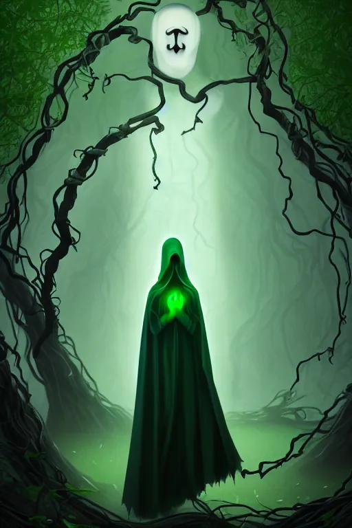 Image similar to A full body portrait of a ghost like character with no face, glowing eyes and a very long hooded dark green cloak of leaves and vines, forest spirits flying in the background art by Shaddy Safadi and Jason Chan, ominous, cosmic horror, trending on artstation, Ultra detailed, hyper realistic 4k