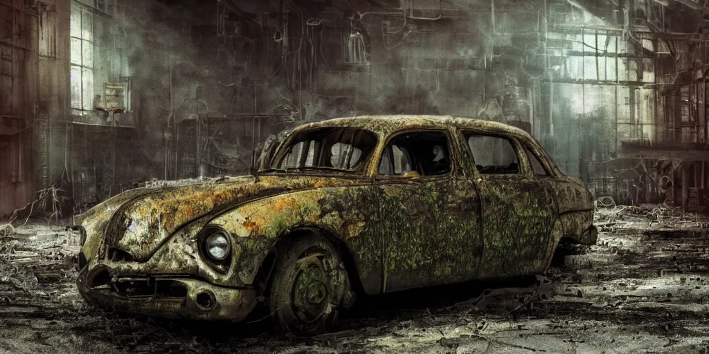 Image similar to close up of a car in an old industrial car factory, a ghostly figure is walking between the broken cars, everything is rusted and broken and covered in moss, night time low light, spooky and scary atmosphere, artstation,