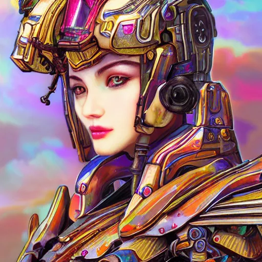 Prompt: legally kind colorful female divine mech paladin gun dream transformers pacific rim studio portrait absurdly beautiful, elegant, young sexy elegant woman, super fine surreal detailed facial illustration by kim jung gi, iraq nadar, intricate lines, sharp focus, vibrant colors, matte, octopath traveler, final fantasy, unreal engine highly rendered, global illumination, radiant light, intricate environments