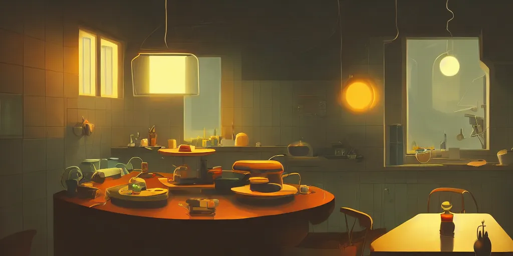 Image similar to minimalistic kitchen dim lit by a candle simon stalenhag gerald brom bastien grivet, fisheye camera, extreme perspective