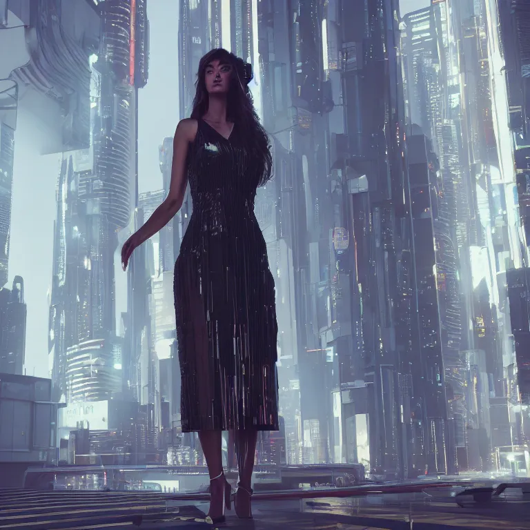 Image similar to Woman in the evening dress in the cyberpunk city by Ivan Lopez, photorealistic, unrealengine, 3d render, 8k resolution