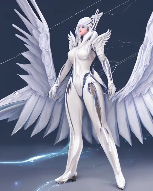 Prompt: perfect white haired egyptian goddess with huge white dove wings, warframe armor, attractive, beautiful, symmetric, dreamy, half asian, pretty face, blue eyes, detailed, scifi platform, laboratory, experiment, 4 k, ultra realistic, epic lighting, android body, illuminated, cinematic, masterpiece, art by akihito tsukushi, voidstar
