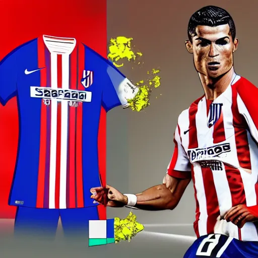 Prompt: cristiano ronaldo dressed with the atletico de madrid football team shirt, 4 k extremely photorealistic, high contrast colors, hyper detailed!!