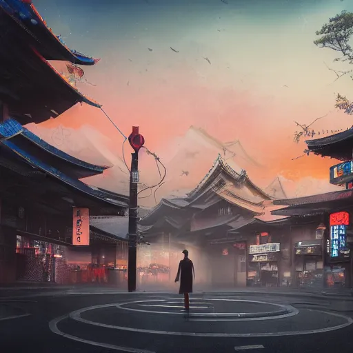 Image similar to lone wanderer in a highly detailed cinematic tokyo suburb, psychedelic, amazing, by feng zhu, wayne barlowe, perfect geometry, hdr, 4 k, hyper - detailed, sharp, beautiful, desaturated, beautiful lighting, oil on canvas, sunset, cinematic composition, trending on artstation, gnomon