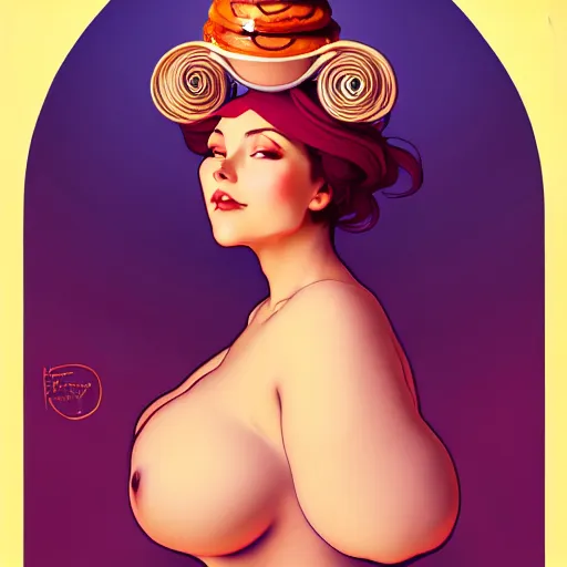 Prompt: curvy woman with a bundt cake on her head, digital art, cinematic, concept art, 8k, painting, imaginefx, cgsociety, art nouveau, Alphonse Mucha, trending on artstation, medium shot, head shot