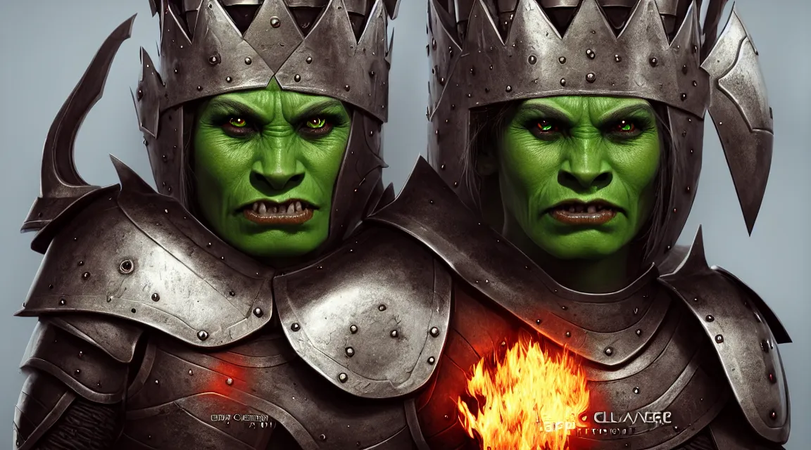 Image similar to epic portrait of female orc in plate armour and crown of fire by cleavanger and elvgren epic awesome gorgeous symmetrical perfect octane vfx maya render realistic