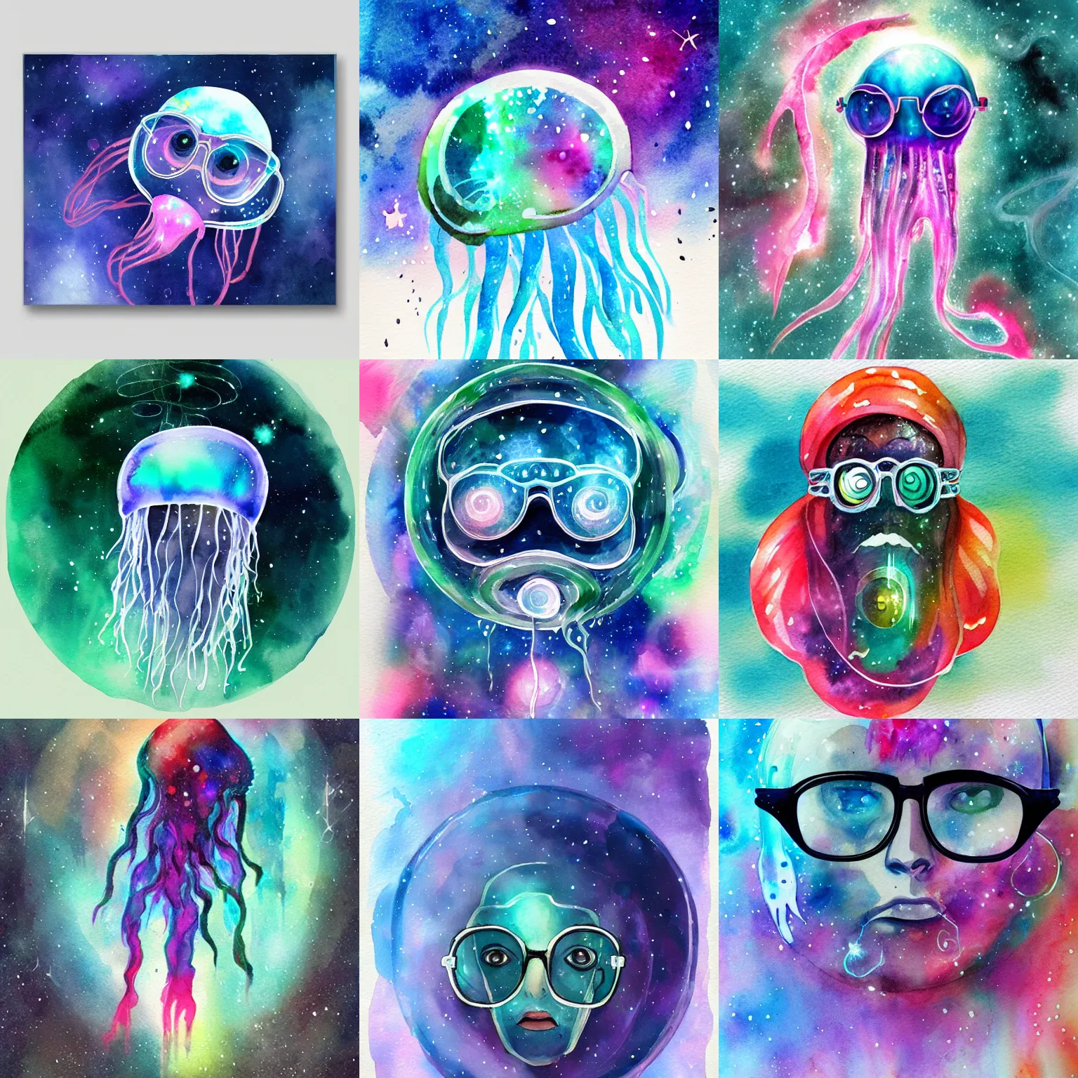 Prompt: a space jellyfish wearing glasses, glasses frames, artstation, watercolor, nebula