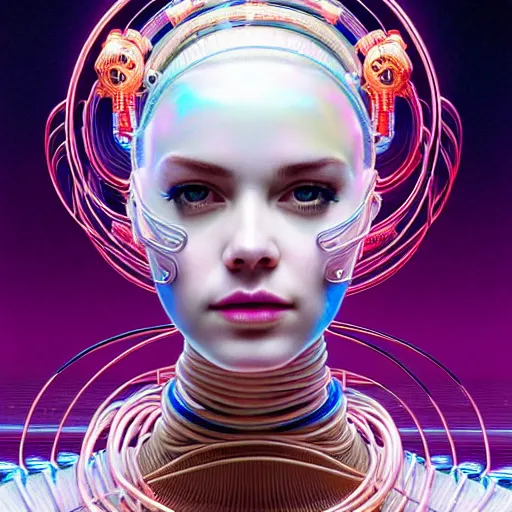 Image similar to high quality, high detailed portrait of a space queen, a cyberpunk character in a retro - futuristic world, white porcelain translucent skin. hyperrealism, intricate details, cables, wires. connectors led. tristan eaton, victo ngai, artgerm, rhads, ross draws, alphonse mucha, pastel colors, vintage, artstation, vector gradient. 8 k