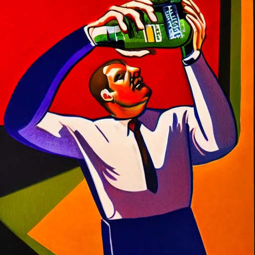 Image similar to artistic rendition of a man jumping in the while holding a bottle, futurism