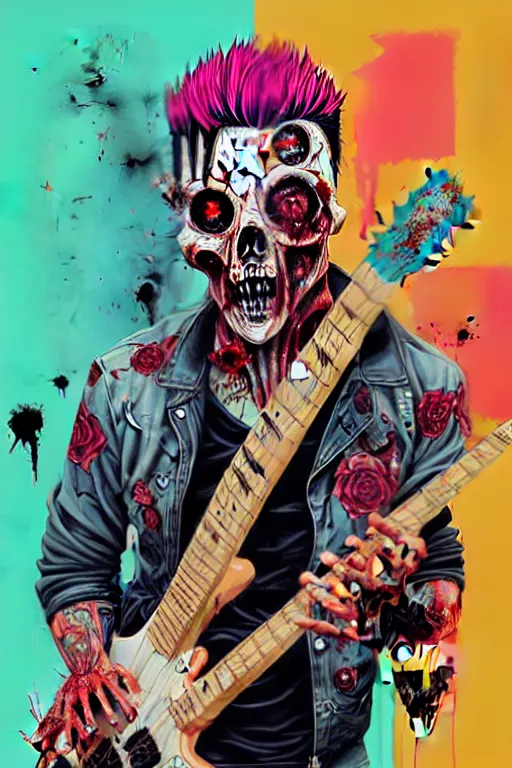 Image similar to a zombie punk rocker playing electric guitar, tristan eaton, victo ngai, artgerm, rhads, ross draws