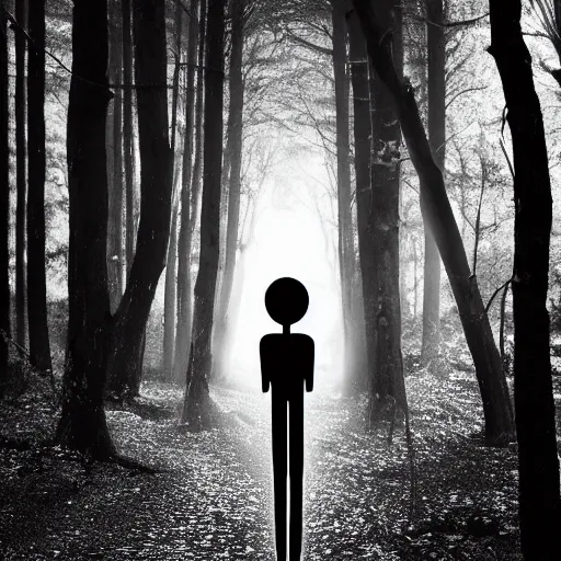 Image similar to black and white tall skinny humanoid creature in a dark forest at night, extremly detailed, 8 k, sharp focus