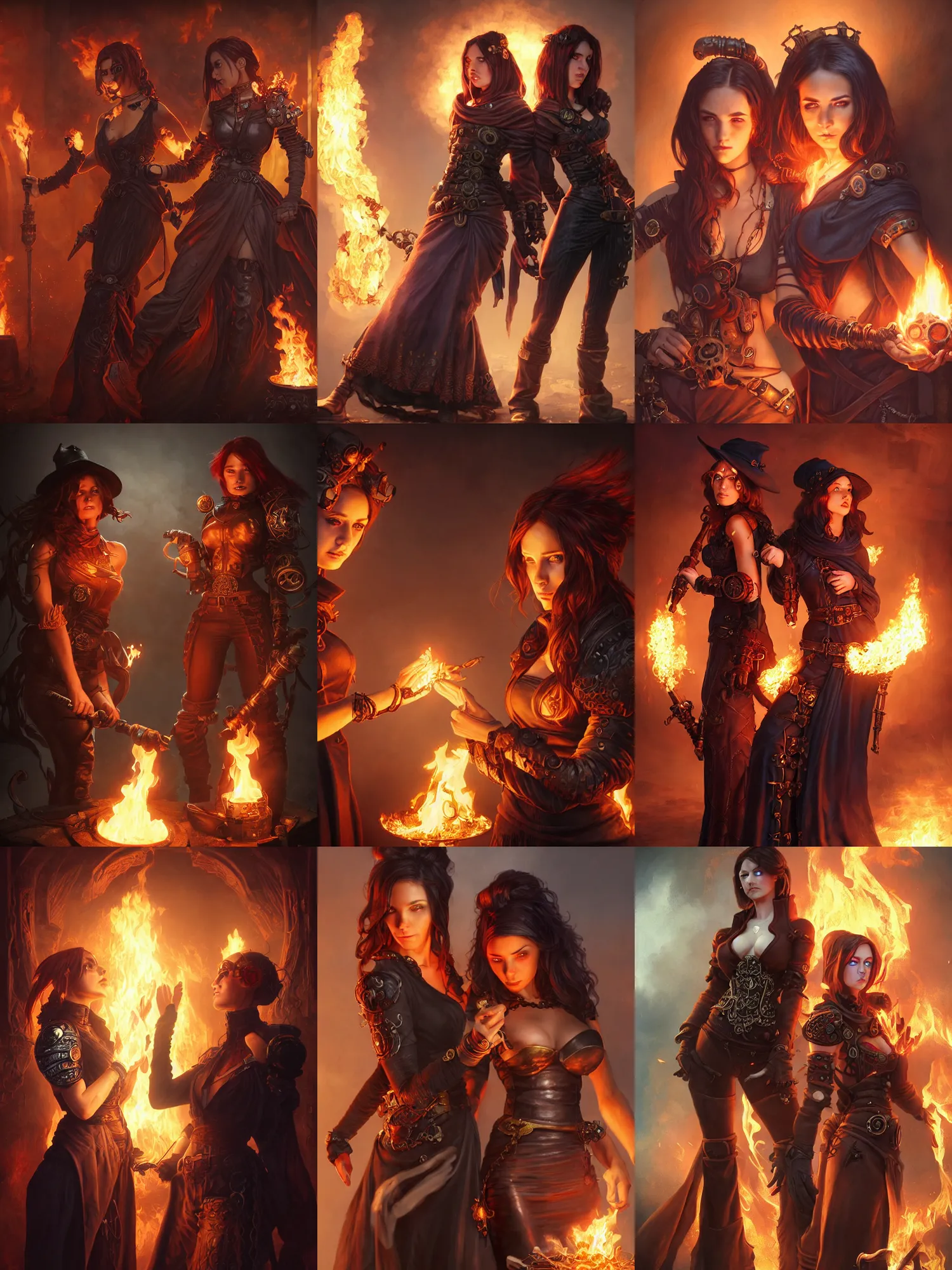 Prompt: a female pyromancer and a female necromancer standing together, lesbians, steampunk, fire and darkness background, detailed face, sharp focus, highly detailed, cinematic lighting, studio quality, colorful, smooth render, unreal engine 5 rendered, octane, rendered, by artgerm, greg rutkowski, alphonse mucha