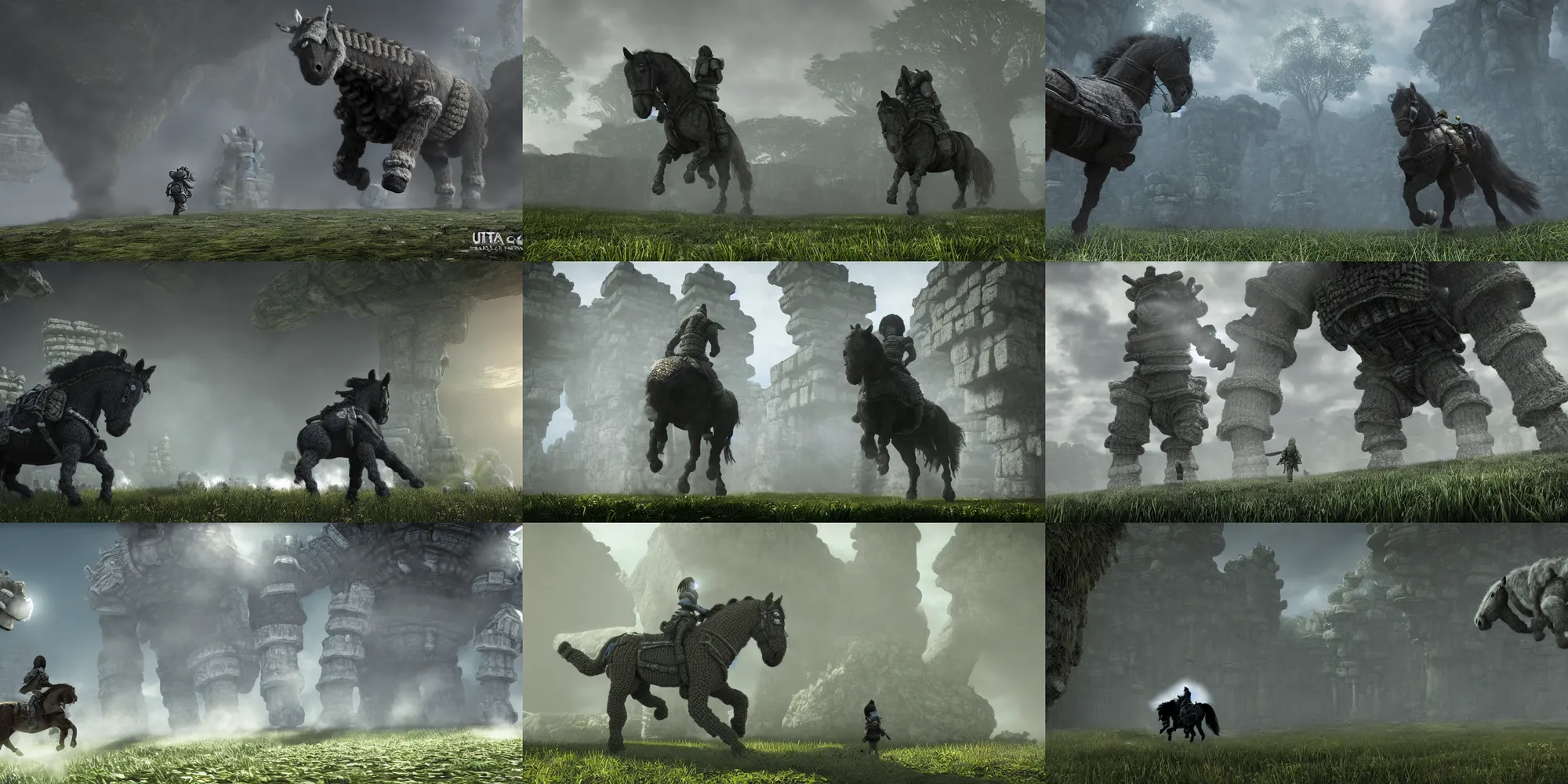Prompt: ultra wide, amigurumi shadow of the colossus screenshot, horse, bright lighting, volumetric
