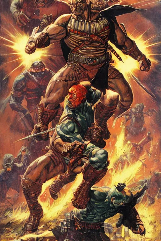 Prompt: dynamic action shot full body and head portrait of dave bautista as superhero juggernaut, painted by norman rockwell and phil hale and greg staples and tom lovell and frank schoonover and jack kirby, dune 1982 movie
