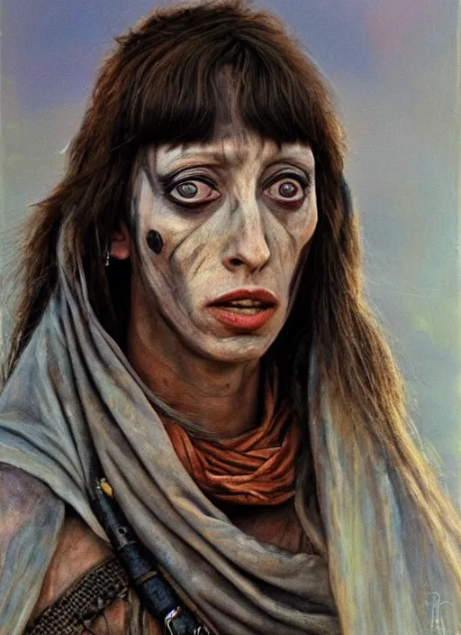 Prompt: portrait of a young 1 9 8 0 s shelley duvall as an evil warlord character in mad max 2 : the road warrior, film still, detailed realistic face in painting, detailed beautiful portrait, oil painting masterpiece, 8 k resolution, smooth, sharp focus, trending on artstation, by rembrandt