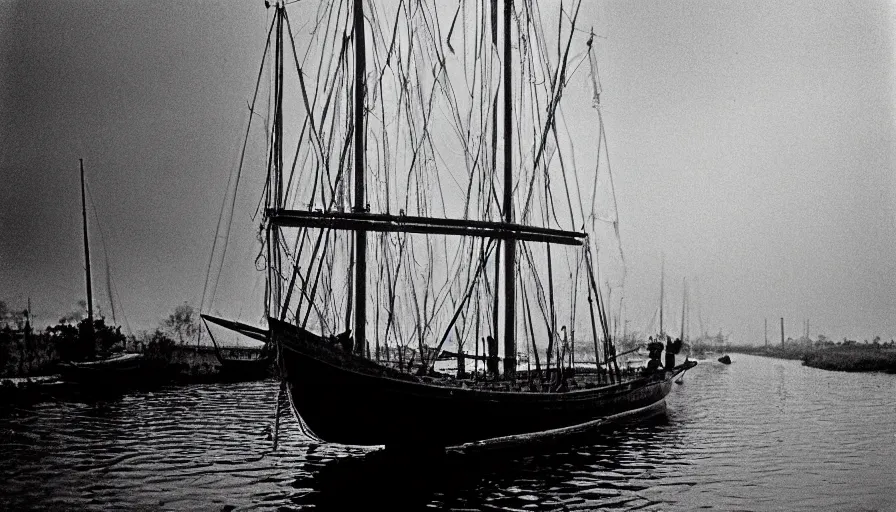 Prompt: 1 9 7 0 s movie still by tarkovsky of an elder socrates in a small barque on a tiny neoclassical canal, cinestill 8 0 0 t 3 5 mm b & w, high quality, heavy grain, high detail, panoramic, ultra wide lens, cinematic composition, dramatic light, anamorphic, piranesi style