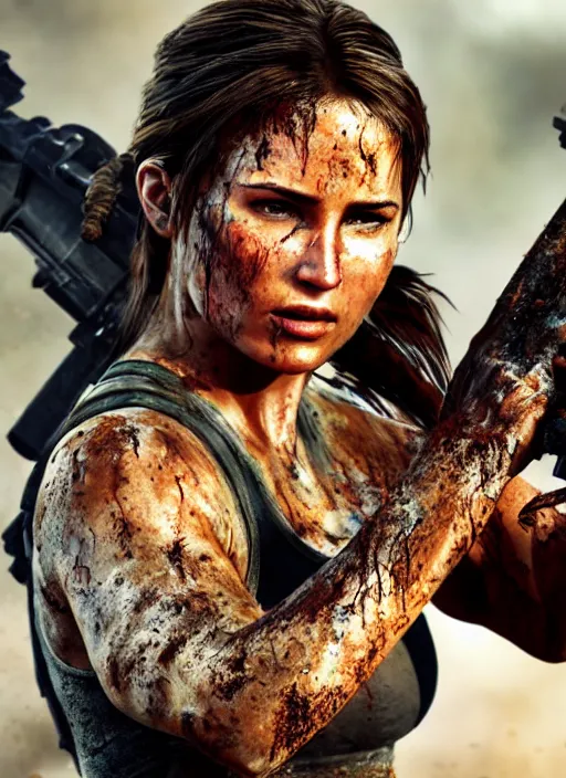 Prompt: a film still of lara croft as russian evading explosions, her face muddy and sweat, direct sun light, close up potrait, cinematic,