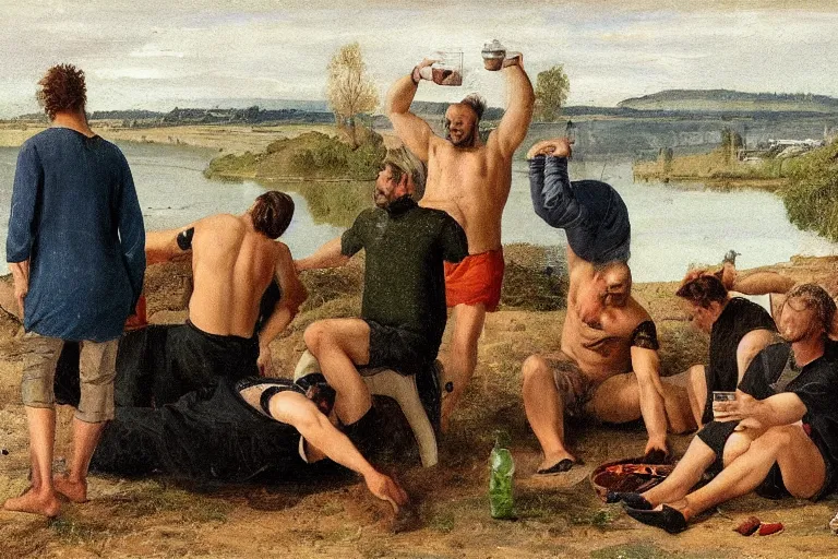 Prompt: mid - thirties guys binge drinking in front of a lake, in the style of skovgaard