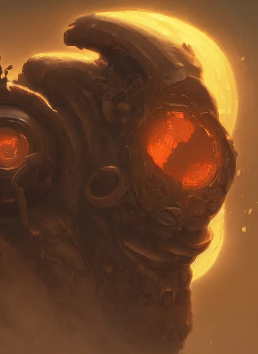 Image similar to a highly detailed illustration of worn down colossal bronze giant, with TWO big orange glowing iron giant eyes, gentle calm doting pose, intricate, elegant, highly detailed, centered, digital painting, artstation, concept art, smooth, sharp focus, league of legends concept art, WLOP