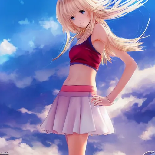 Image similar to a very beautiful young anime tennis girl, full body, long wavy blond hair, sky blue eyes, full round face, short smile, bikini, miniskirt, highly detailed, cinematic wallpaper by stanley artgerm lau