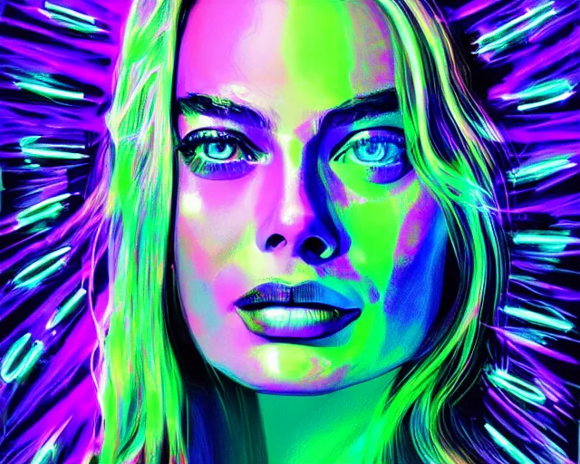 Image similar to led neon art of margot robbie, digital art, hyper detailed, award winning