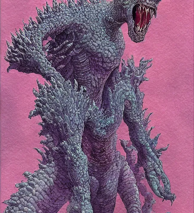 Image similar to a watercolor ink painting of a monstrous kaiju goddess in the style of jean giraud in the style of moebius trending on artstation deviantart pinterest detailed realistic hd 8 k high resolution