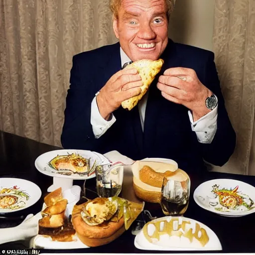 Prompt: Freddie Starr eating a loafer at a table in Claridges fine dining restaurant. Gordon Ramsey watches with a look of childish glee