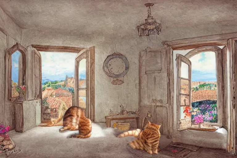 Image similar to a very very very very detailed digital art wide angle view on Cute Cat in Provence style Room,