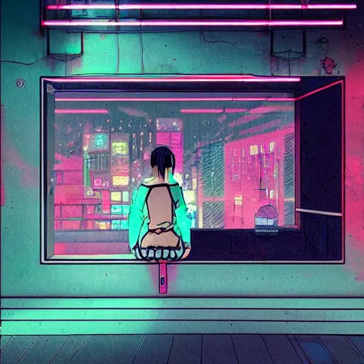 Prompt: cyberpunk girl sitting inside an empty store being looked at through the window in the style of satoshi kon, soft anime illustration, dark neon colors, soft ambience, beautiful composition, backlit, lots of details