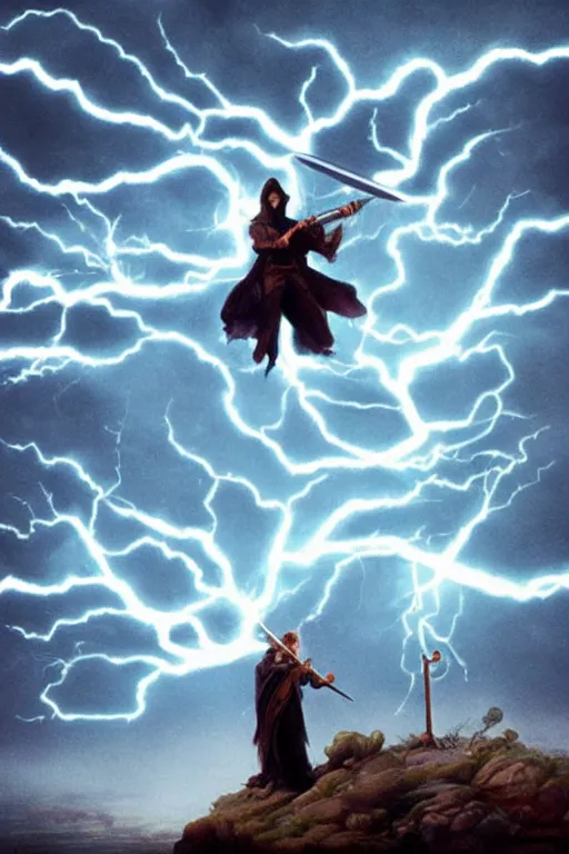 Image similar to wizard holding a sword that’s getting shocked by lightning towards the sky