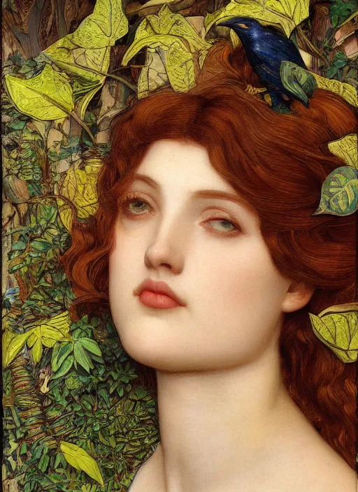 Image similar to masterpiece beautiful seductive flowing curves preraphaelite face portrait amongst leaves, extreme close up shot, straight bangs, thick set features, yellow ochre ornate medieval dress, raven, laying amongst foliage mushroom forest circle arch, frederic leighton and kilian eng and rosetti, 4 k